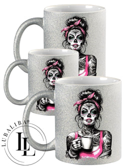 Glitzertasse Silber " SCULL GIRL PINK "  Motiv: DJL