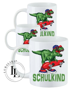 " Schulkind Dino " Kinderbecher Kunststoffbecher Karamiktasse Schulkind Motiv: KAG